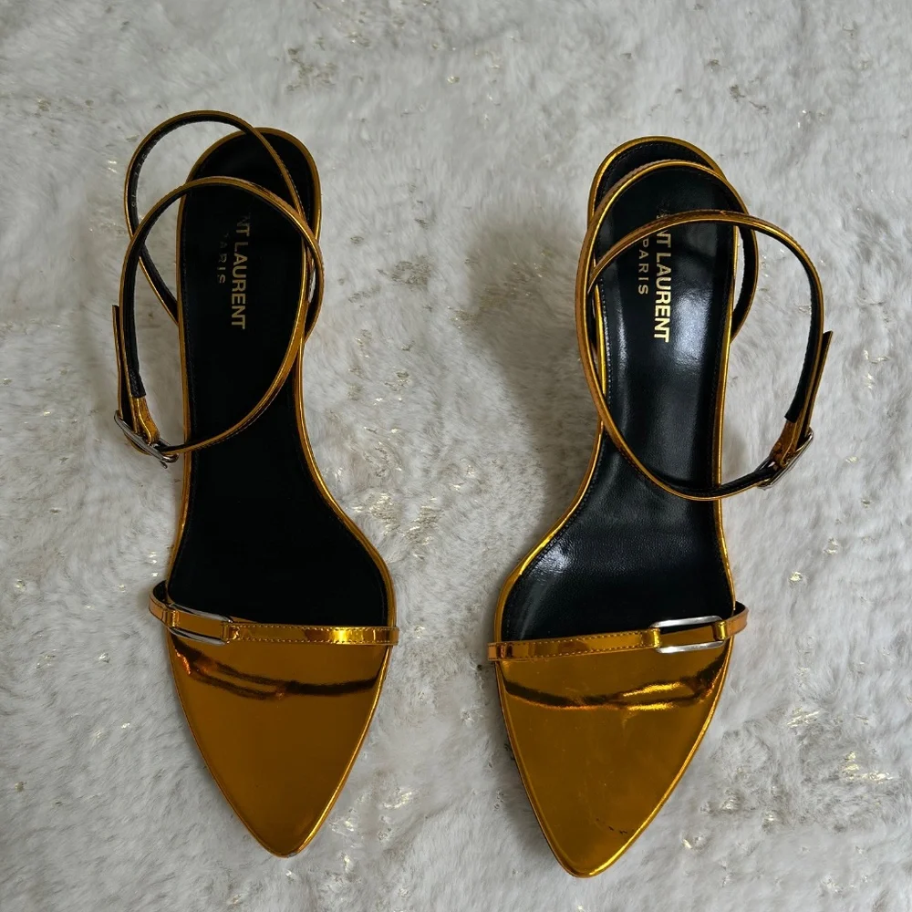 Saint Laurent Gold Orange Metallic Ankle-Strap Pointed Sandals